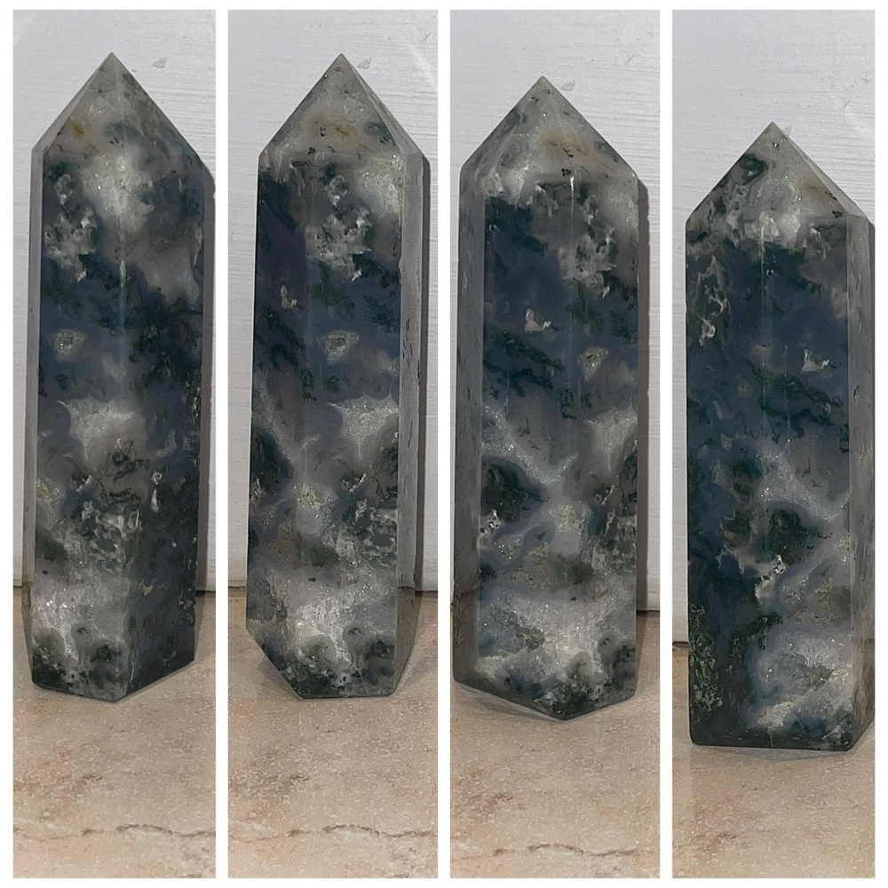 XL Green Moss Agate Tower w/ Glistening Quart Crystals